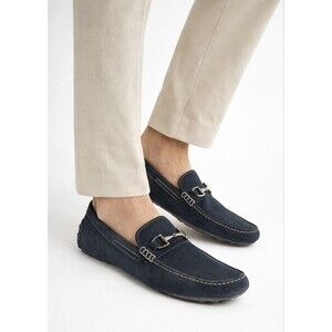 Men’s Size 15 Navy Blue Nubuck Suede Leather Shoes Horsebit Buckle Loafers